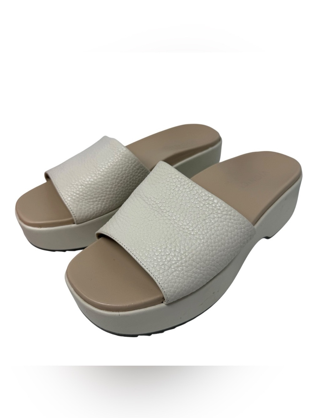 Vionic Trista platform sandals Womens size 8.5 Cream pebbled slip on slide shoes